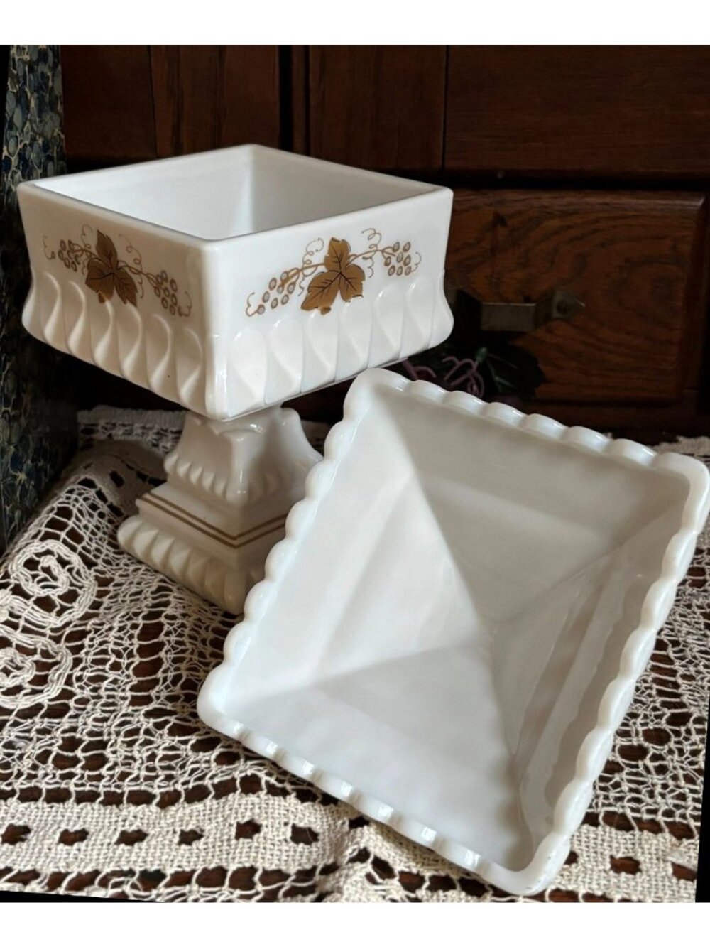 Vintage Westmoreland Milk Glass Covered Candy Dish | Gold Grape Pedestal Compote - Picture 5 of 9